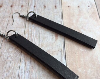 Joanna Gaines inspired leather earrings, 3/8" wide black leather dangle earrings, black leather earrings