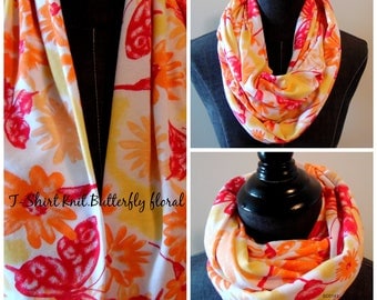 T-Shirt Knit Jersey Infinity Scarf.Scaves.Gift for Mother's Day.MOM.Butterfly Scarf.Floral Scarf.Tube Scarf.Summer Scarves.Spring Scarves.