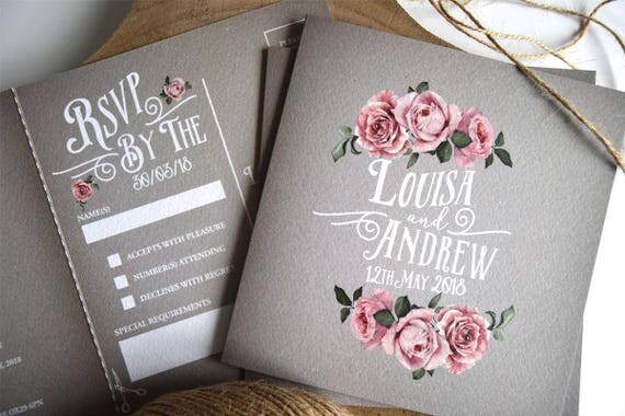 Rustic Wedding Invitation - Grey Rose