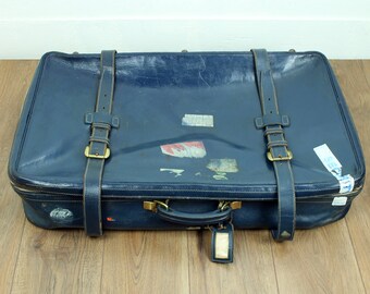 Blue leather suitcase - large 1960s Harrods leather suitcase - vintage luggage - vintage suitcase
