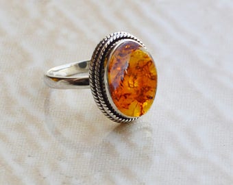 Boho Baltic Amber Gemstone Ring, 925 Sterling Silver Ring, Amber Ring, Natural Fossil Amber Ring, Handmade Birthstone Gift Ring, Orange Ring