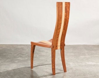 Dining Chairs, Wood Dining Chairs In Cherry And Curly Maple, Carved Seat And Curved Back, "Gazelle High Back"