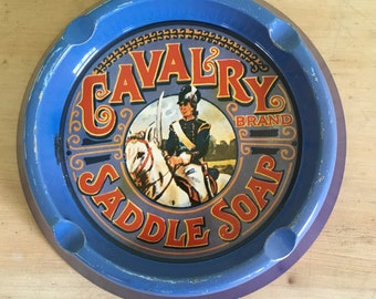 Vintage Tin Ashtray Cavalry Saddle Soap Brand Motif Made in England Case Manufacturing Co. Tobacciana Collectable Mancave Decor