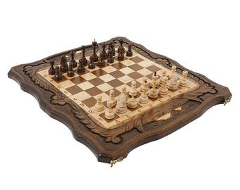 3 in 1 - Walnut Wooden Chess Set - Backgammon - Checker Board - Chess Board - Wooden Chess Box - Ararat - Walnut Wood - Armenian Handmade
