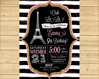 Paris Birthday Invitation, Paris Invitation, Eiffel Tower Invite, Chalkboard, French Party ANY AGE, Pink Eiffel Paris Party Invitation