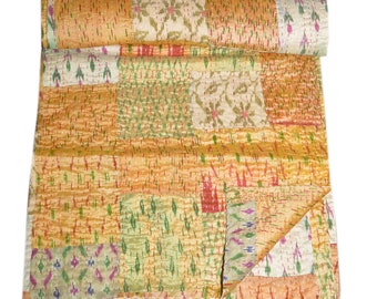 Silk Patchwork Quilt Vintage Old Patola Indian Sari Kantha Quilted Throws,Gudari Handmade Tapestery Queen Bedding