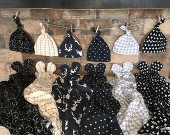 Baby Gift Set - Swaddle Blanket - Knot Hat - No Scratch Mits - Boy