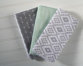 Burp Cloths | Set of 3 | Arrows | Aztec | Southwest | Gender Neutral Burp Cloths | Burp Rags | Grey and Mint Burp Cloths | Ready to Ship