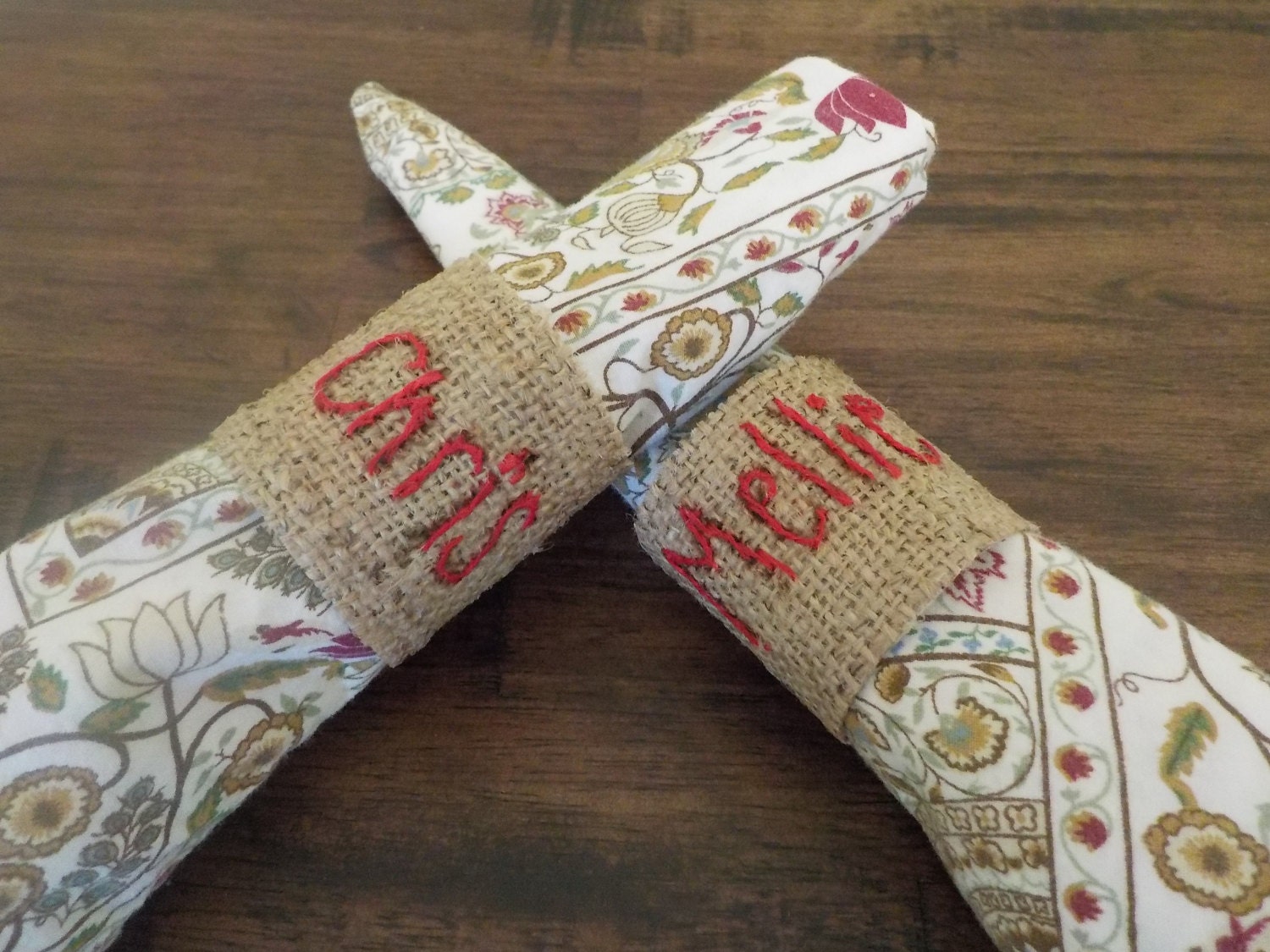 Personalized Napkin Rings Custom Set of Two Hand Embroidered