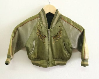 Sale!! Vintage Baby Japanese Tradisional Sukajan Jacket Nippon Zipper Embroided Tiger Green Colour