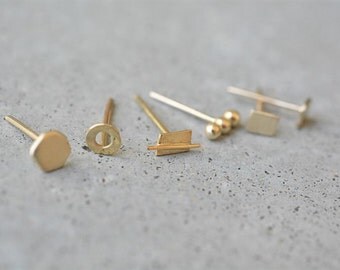 Solid gold stud earrings, mix and match earrings, yellow gold stud earrings, minimalist, 14k gold stud earrings, 14k tiny gold stud earrings