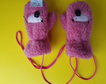 Animal mittens; gift; kids mittens; child gloves; pink mittens; white mittens