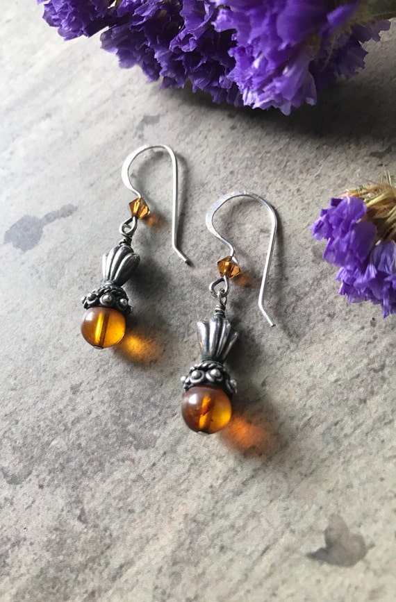 Genuine Amber Drop Earrings Oxidized Sterling Silver