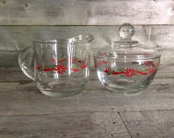 Vintage Anchor Hocking Poinsettia Ribbons creamer and sugar bowl set