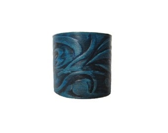 blue leather cuff, hand tooled leather bracelet, hand painted unique leather cuff, royal blue leather wristband, leather art