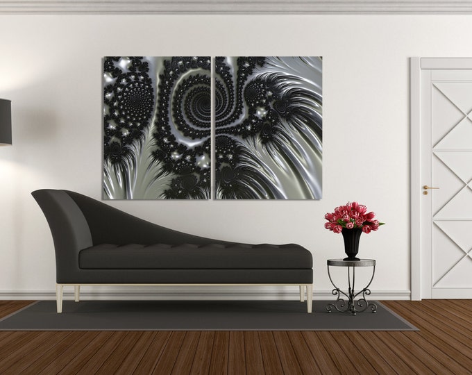 Large black and white fractal canvas print, black and white abstract wall art, black and white fractal wall art, contemporary art