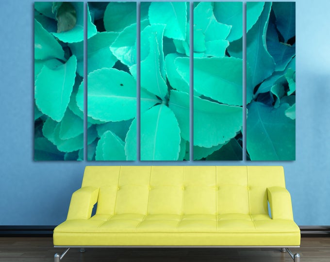 Teal leaves photography modern wall art print on canvas, turquoise leaf plant print nature photography large green wall art on canvas decor