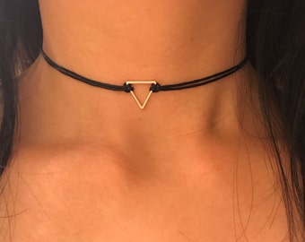 Matte rose gold triangle choker gold triangle choker silver triangle choker thin black choker adjustable black choker