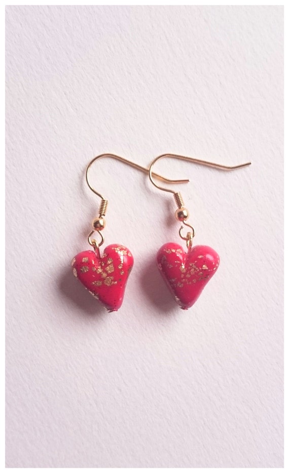 Items similar to Polymer clay jewelry, red heart earrings with gold ...