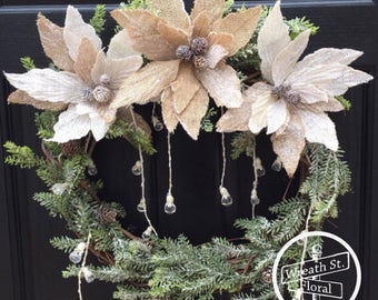 Winter Wreath, Burlap Wreath, Wreath Street Floral, Winter White Wreath, Grapevine Wreath, Front Door Wreath, Burlap Flower Wreath