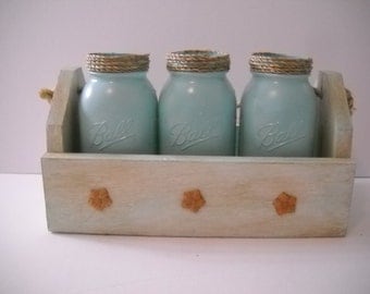 Decorative Box with 3 Blue Mason Jars Kitchen Decor