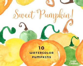 Watercolor Pumpkin Clipart, Autumn Fall clipart, Halloween Party Invitation Graphics, Orange Vegetables, Yellow, Squash, Holidays Background