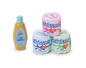 Miniature Shampoo and Toilet Paper, Bathroom Essentials