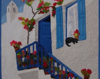 small Art Quilt, Textile Wall hanging, city landscape quilt, Greek town, Cat art quilt, Home art Decor, bougainvillaea,flowers,Greek house