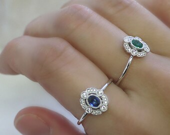 18K solid gold art deco diamond and sapphire ring