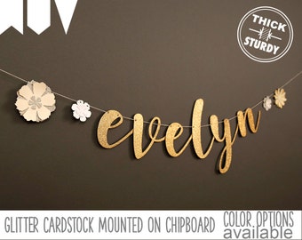 custom name banner, with flowers, floral baby shower, floral bridal shower decor, glitter banners, cursive banner, regular size