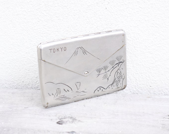 Tokyo card case, Japanese WW2 business card case, Mount Fuji engraved vintage metal cigarette case, opens like an enveloppe