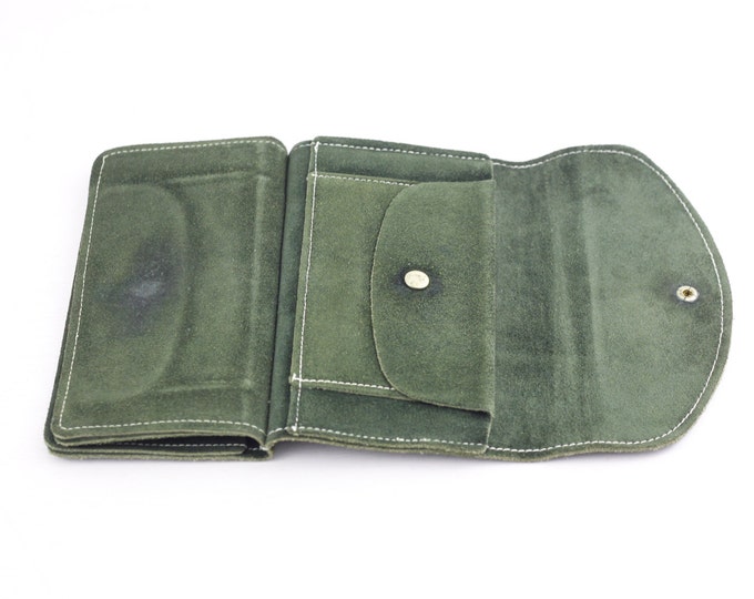 Green suede wallet, vintage leather wallet, forest green purse, travel wallet gift for him, soft genuine leather wallet, spring launch green