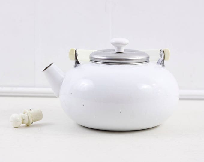 White enamel tea kettle, whistling water kettle, retro kitchenalia kettle with whistle and plastic handle ca 1950s, vintage mid century