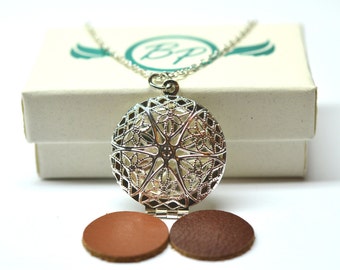 Bright Silver Filigree Essential Oil Diffuser Necklace // Aromatherapy Necklace // - With Choice of Essential Oil