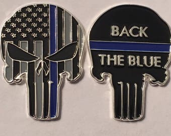 Thin Blue Line Back the Blue Skull Police Challenge Coin **FREE SHIPPING**