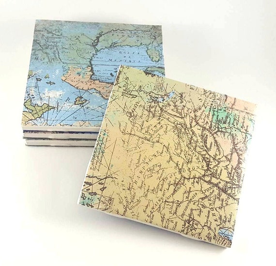 Map Coasters - Map Design - Set of 4 Map Coasters - Handmade Coasters - Traveler Decor - Travel Lover Gift - Gift for Her - Gift for Him
