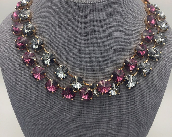 Have all eyes on you in this eye-catching 14mm rivoli Swarovski crystal amethyst purple collar necklace. Layer for a dramatic look!