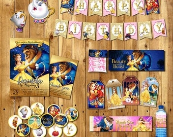 Beauty and the Beast party Package, beauty and the beast invitations, Baner, beauty and the beast party, Bella Cupcake toppers| PACK_BELLA