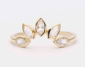 Ready to ship! Marquise Moonstone 14K Gold Wedding Band Curve Crown Ring AD1250