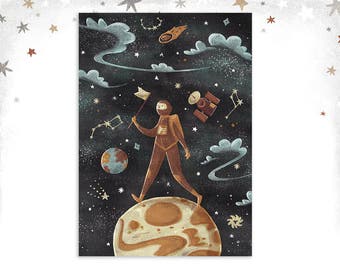 A4 / A3 Astronaut art print • Space illustration • Night sky • Wall Art • Illustrated Print • Poster • Vintage style • Kids Room Decor