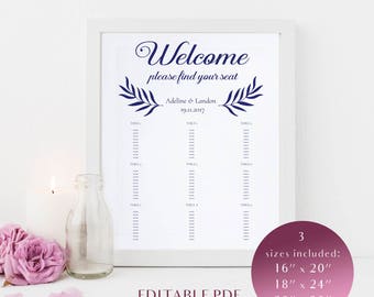 Wedding Seating chart template, Navy blue seating chart, Seating chart printable, Editable PDF, Instant download, DIY Wedding, Navy blue