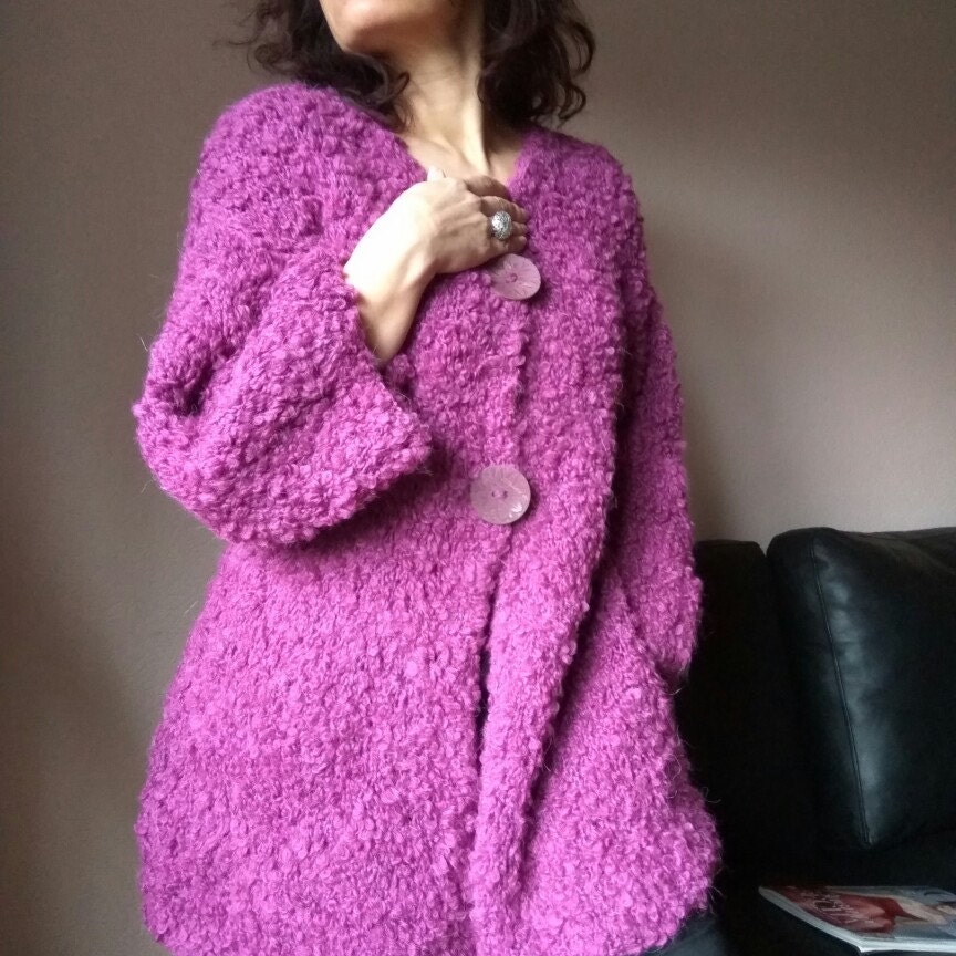 Chunky Boucle Coat Purple Mohair Coat Handmade Jacket