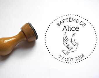Baptism stamp, Custom personalized with name and date, bird / dove pattern, to customize your decoration, dragee box, cards, made on demand