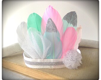 Beautiful Baby Girls Birthday Feather Crown , Feather Headband , 1st Birthday Crown, Party Crown , Baby Crown , Princess Crown