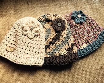 Ponytail Hat & Beanie with Flower - Earth Tones - FREE Shipping