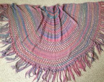 Vintage 1970's Hand Crochet Fringe Poncho Shawl Wrap - One Size