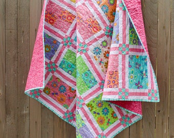 Spring Fling Quilt, Quilted Throw, Lap Quilt, Picnic Quilt, Girl Quilt