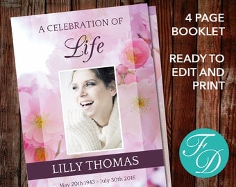 Funeral program template, order of service, memorial program, memorial service (Pink Blossom)