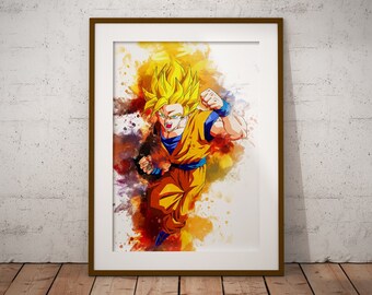Goku Wall Poster Anime Watercolor Art Print, Super Saiyan Anime Poster Watercolor Wall Art n375