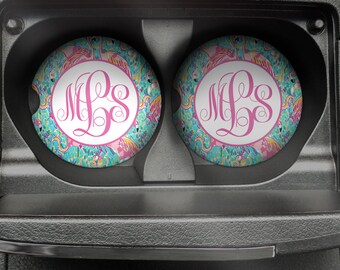 Personalized Monogrammed Car Coasters Aqua Pink Flamingos , Cup Holder Coaster, Monogram Gift, Gift for Her Sandstone Coaster